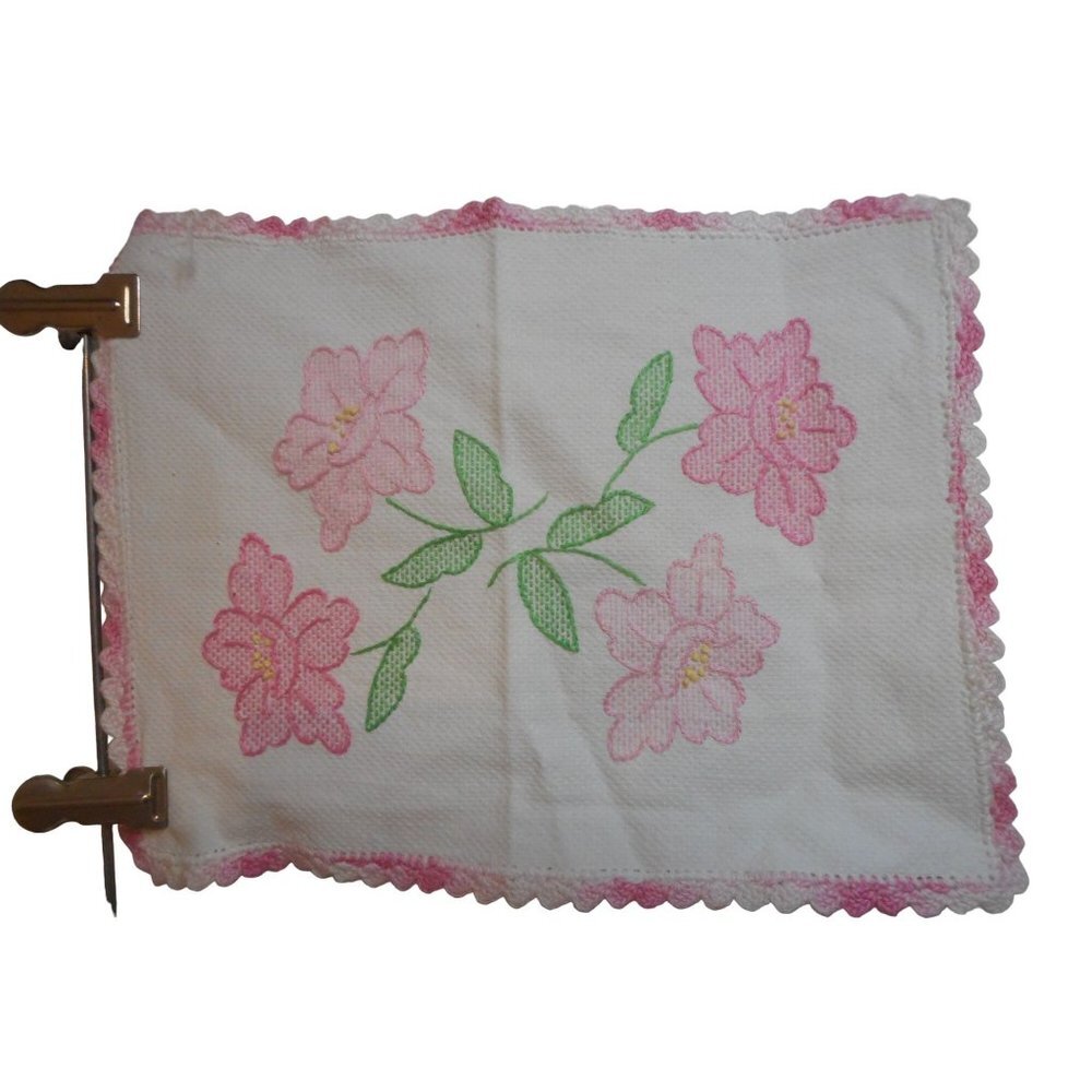 Vintage hand embroidered floral Pink Lace Dresser scarf doily placemat runner #1